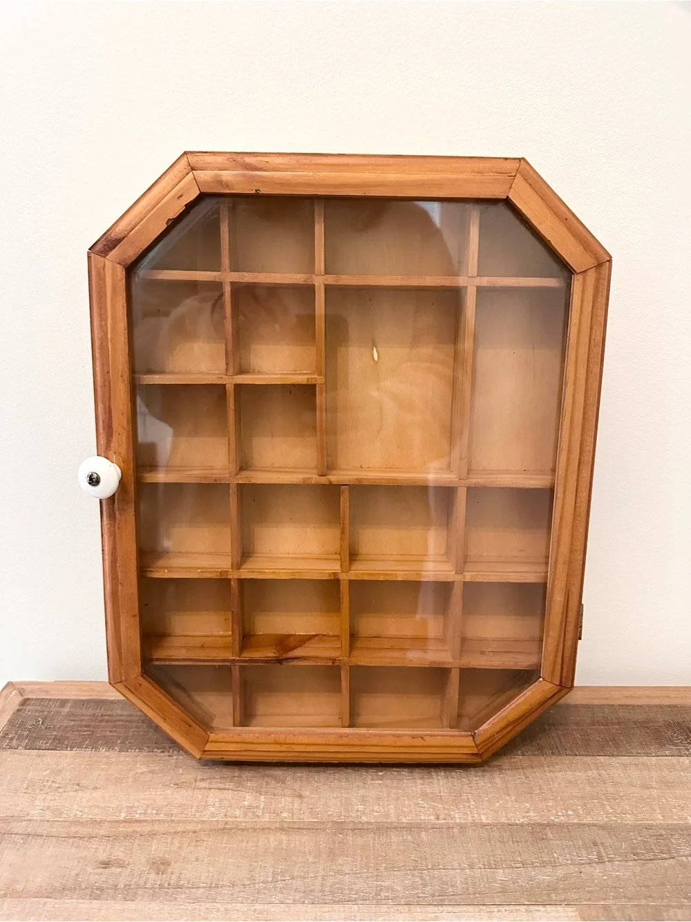 Vintage Wood Glass Door Trinket Curio Shelf Shadow Box Display Wall Cabinet